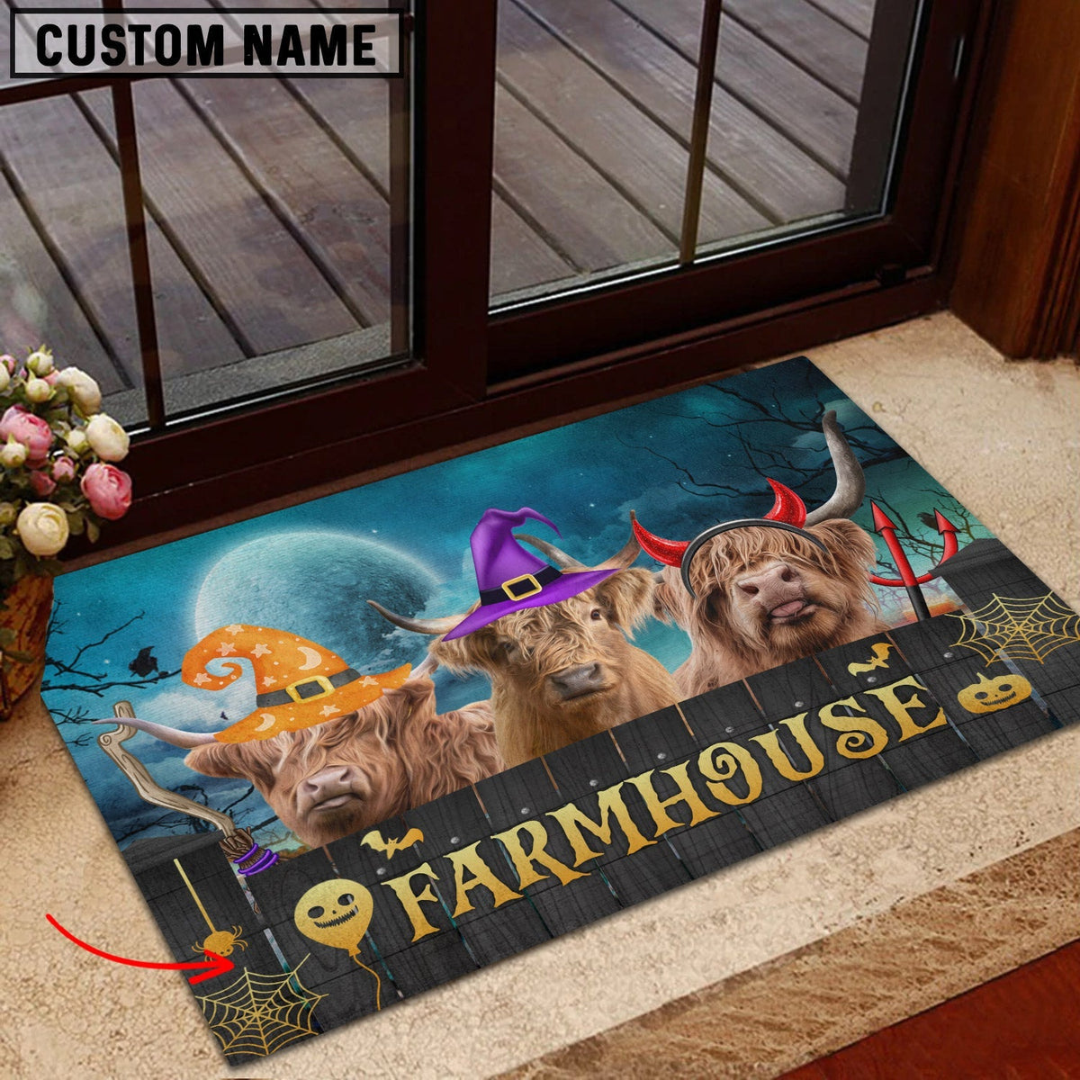Highland Farmhouse Halloween Custom Name Doormat
