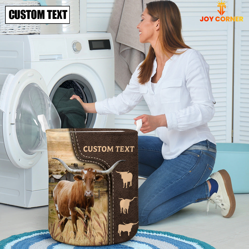 Texas Longhorn Custom Name Leather Pattern Laundry Basket