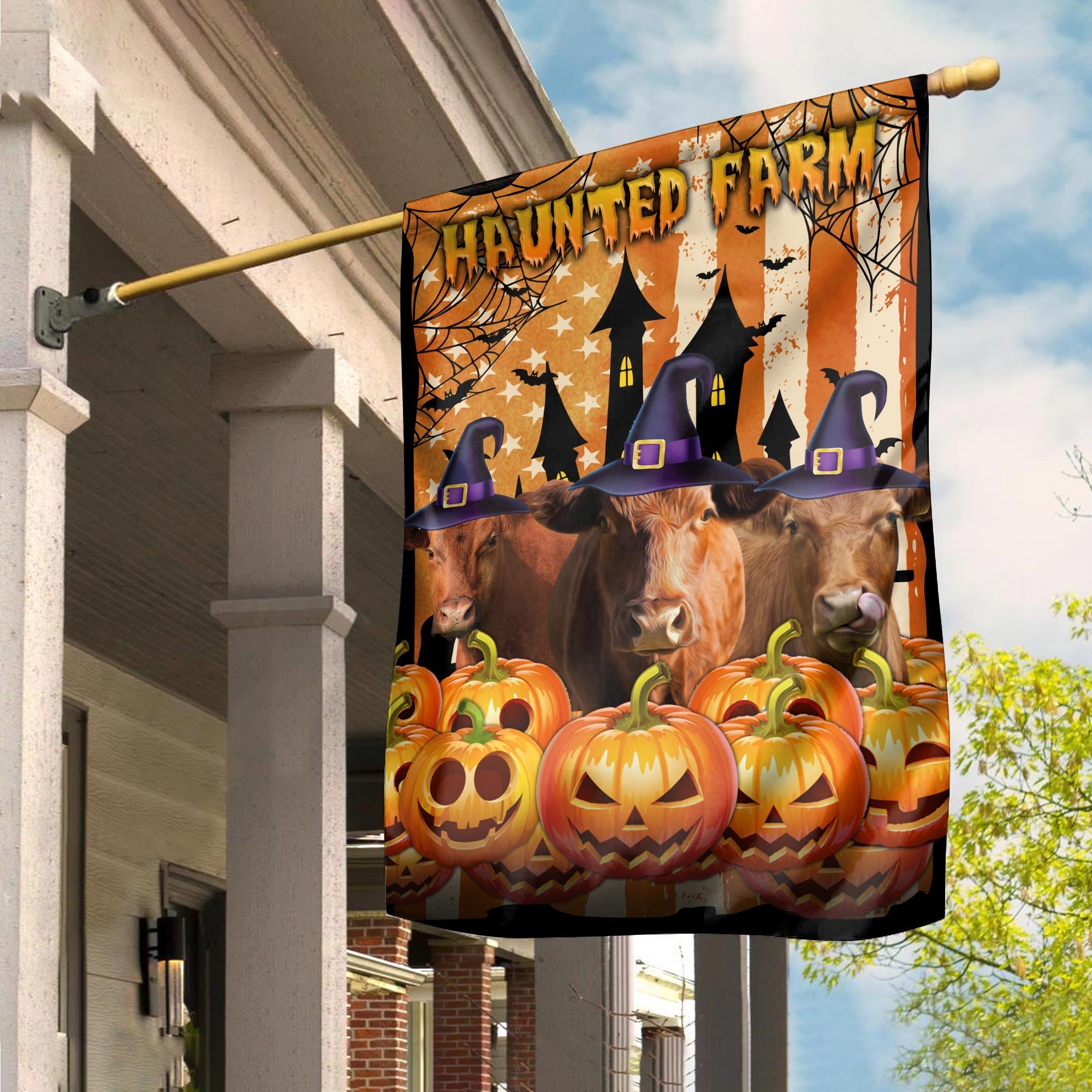 Red Angus Cattle Haunted Farm Halloween Flag