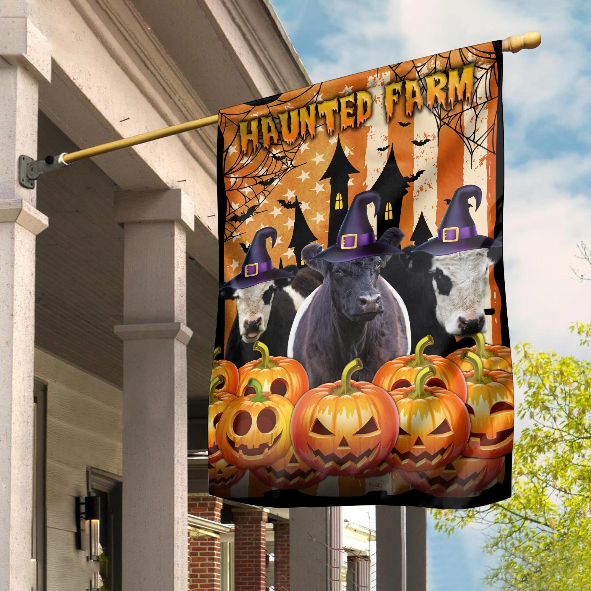 Belted Galloway Cattle Haunted Farm Halloween Flag