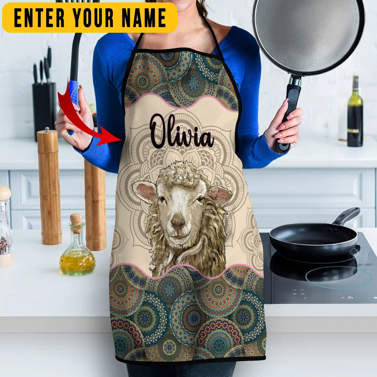 Personalized Name Mandala Pattern Sheep All Over Printed 3D Apron