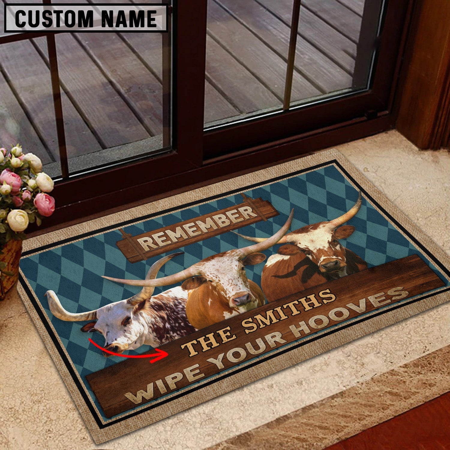 Texas Longhorn Wipe Your Hooves Custom Name Doormat