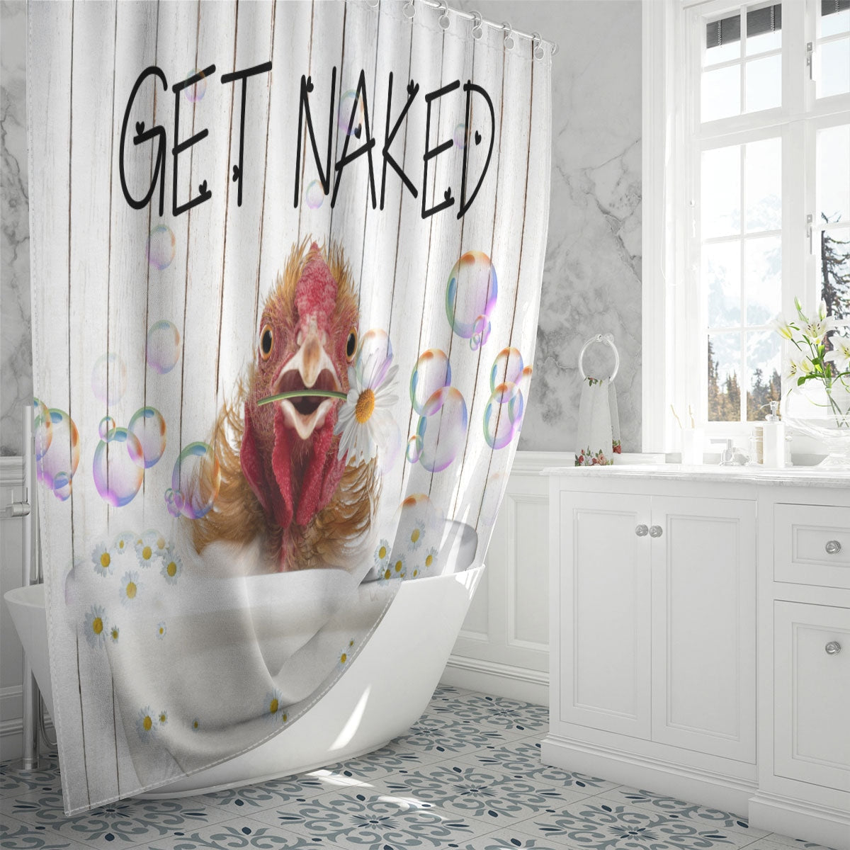 Chicken Get Naked Daisy Shower Curtain