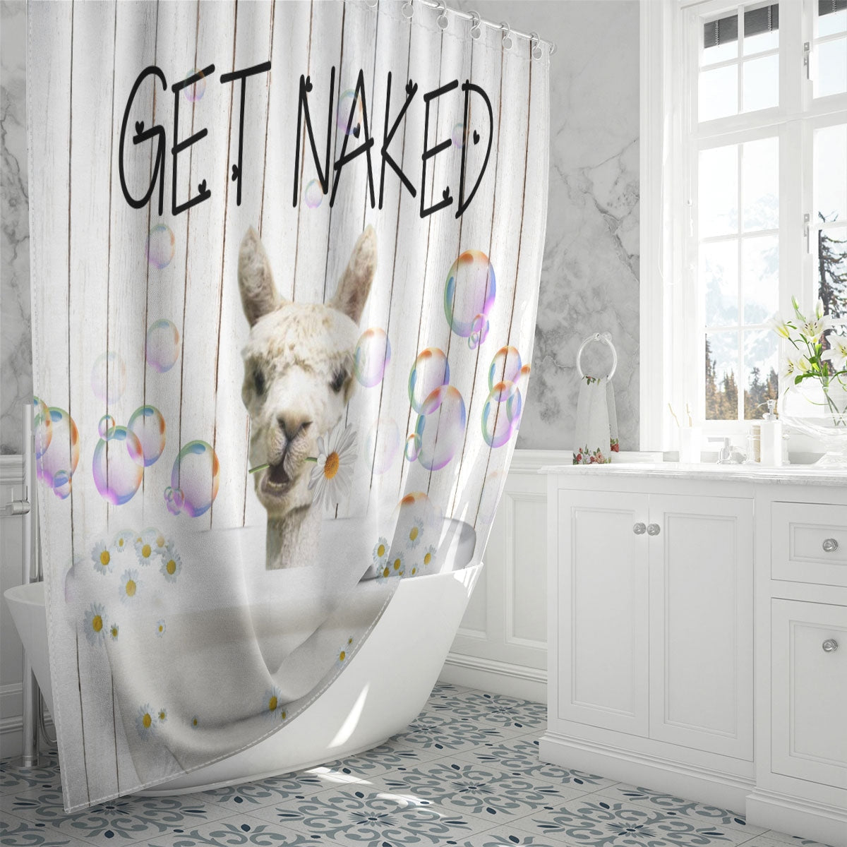 Llama Get Naked Daisy Shower Curtain