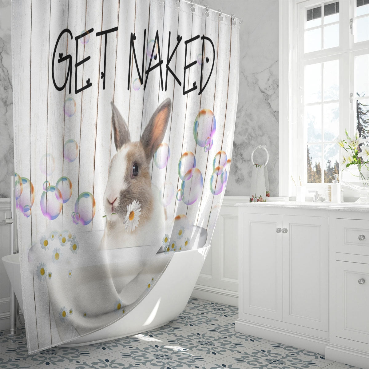 Rabbit Get Naked Daisy Shower Curtain