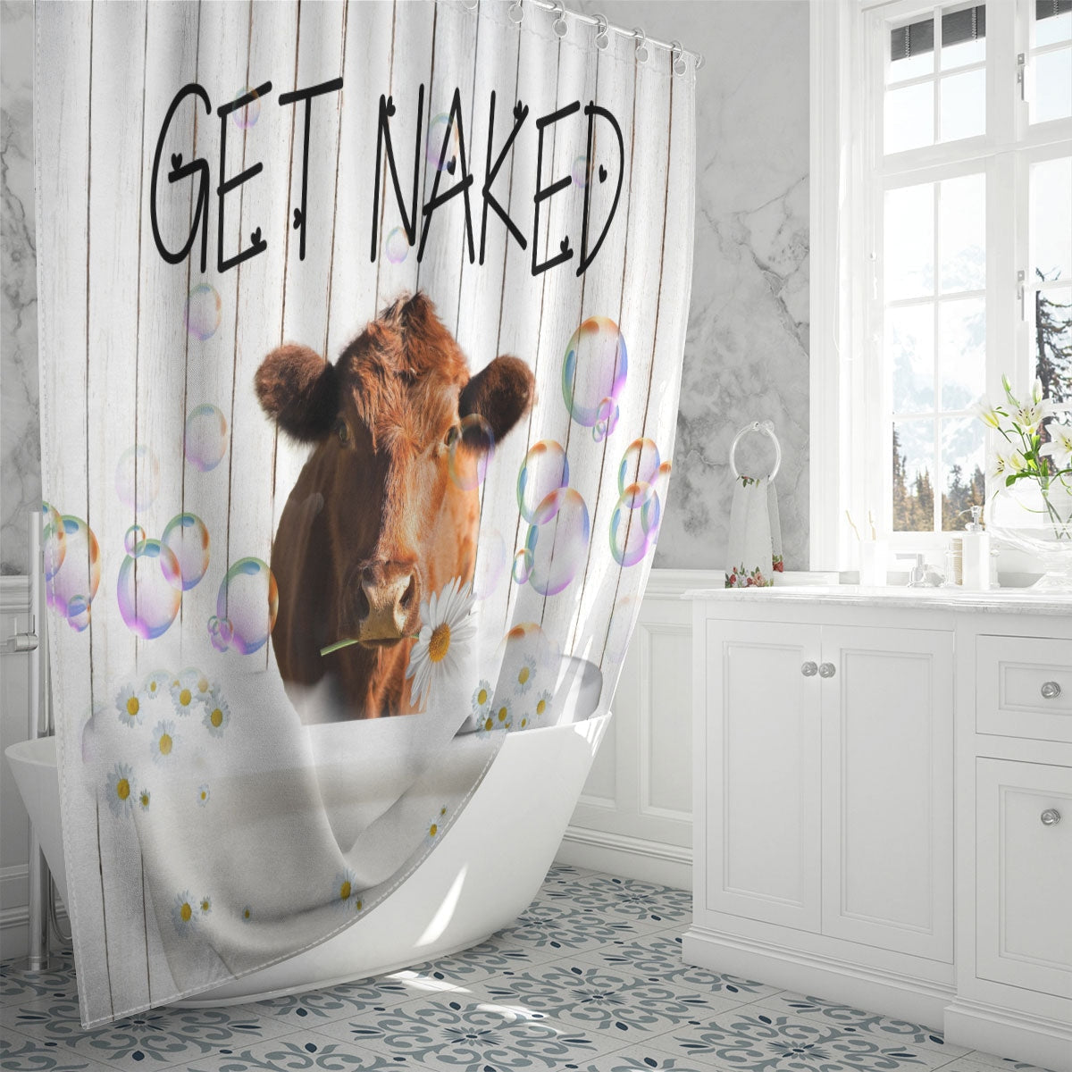 Red Angus Get Naked Daisy Shower Curtain