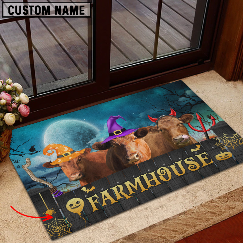 Red Angus Farmhouse Halloween Custom Name Doormat