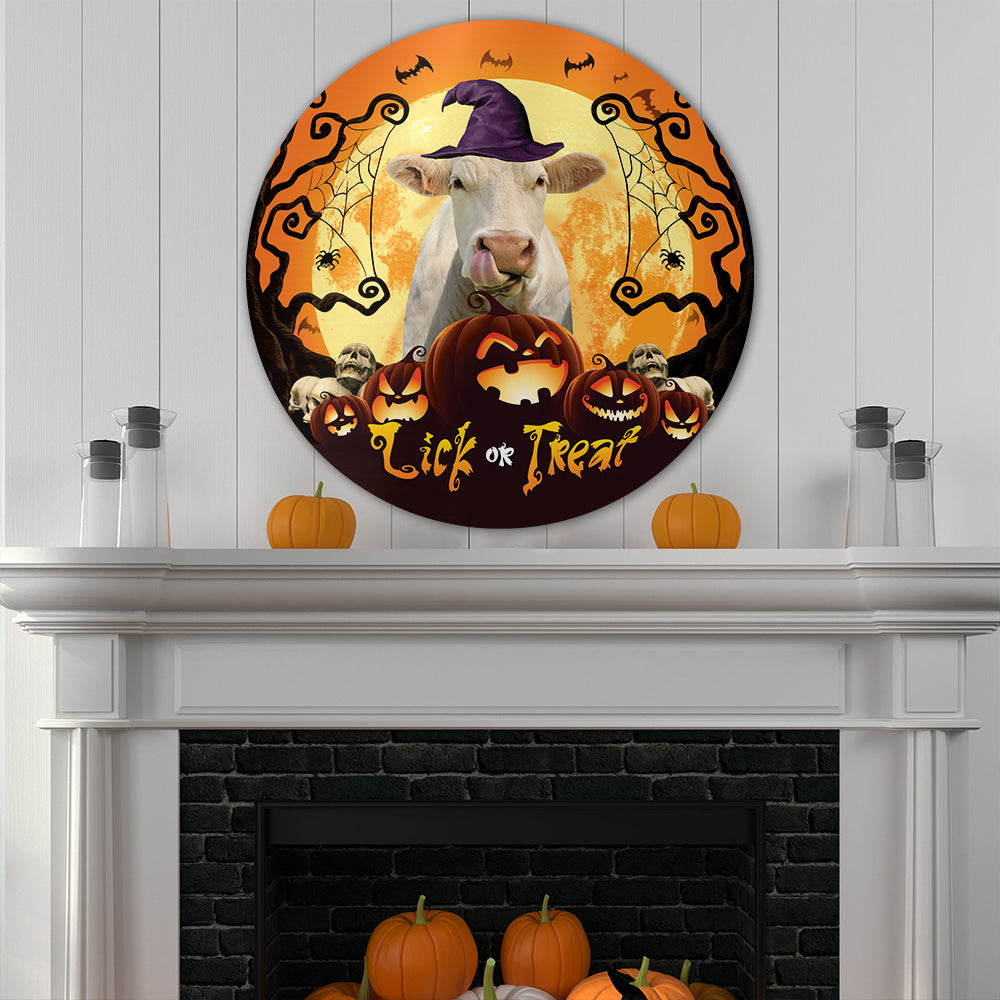 Halloween Charolais Cattle All Printed 3D Round Wooden Sign