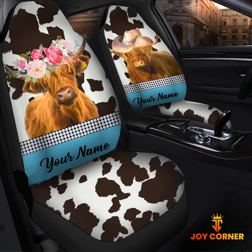 Highland Cattle Pattern Customized Name Dairy Cow Car Seat Cover Set