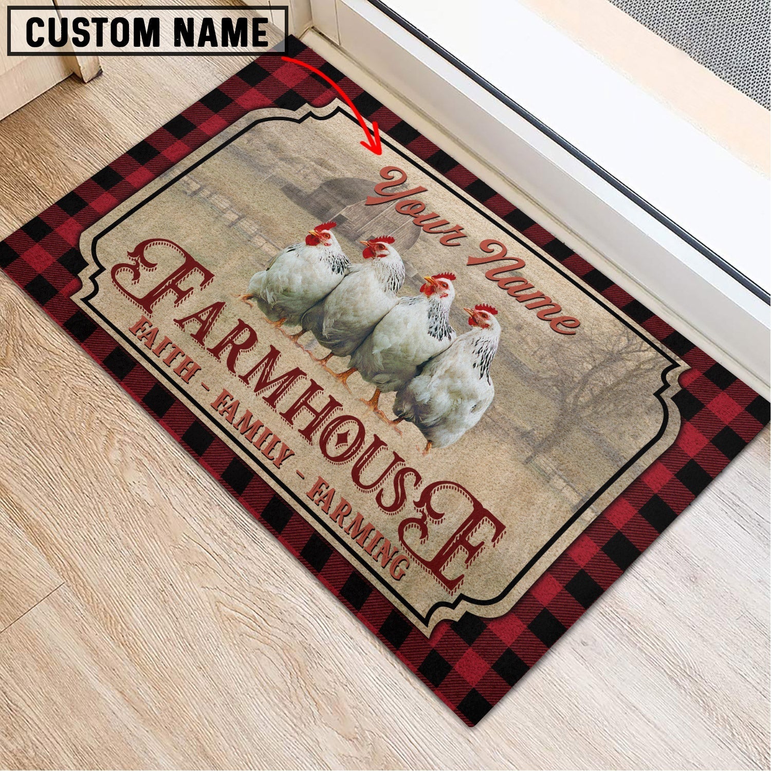 Chicken Faith Family Farming Custom Name Doormat