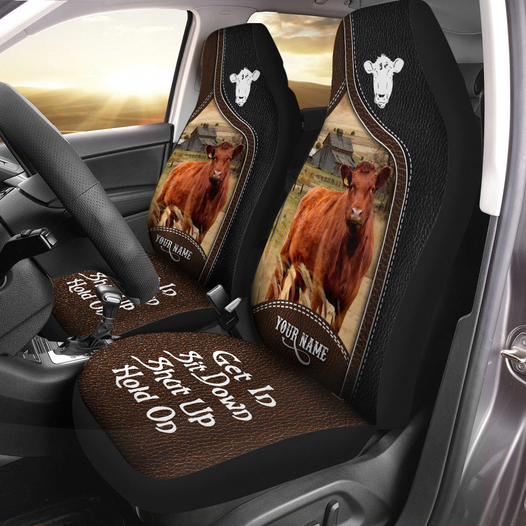 Red Angus Personalized Name Black And Brown Leather Pattern Car Seat Covers Universal Fit (2Pcs)