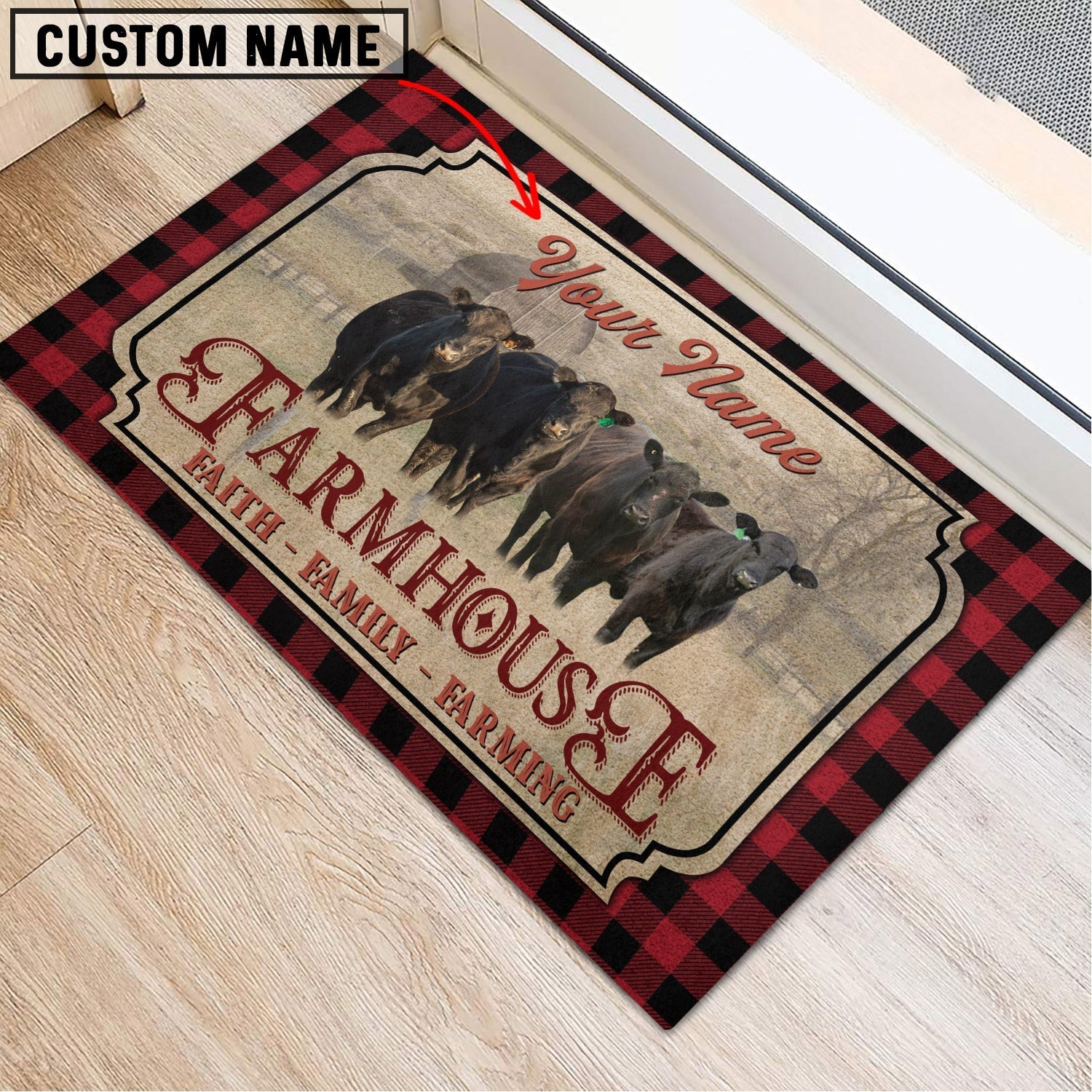 Black Angus Faith Family Farming Custom Name Doormat