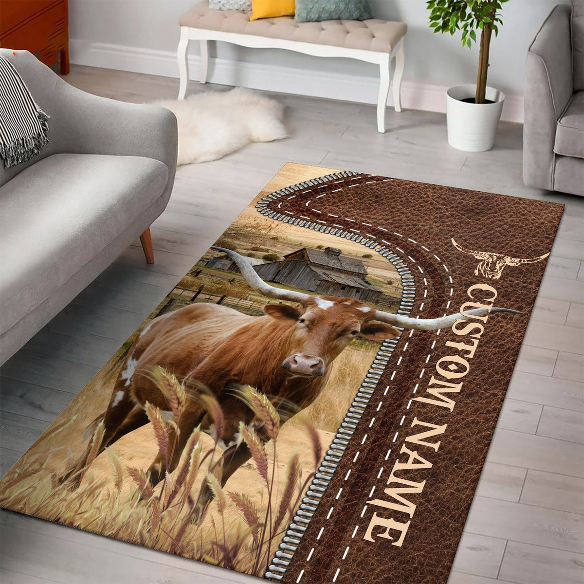 Texas Longhorn Farming Personalized Name 3D Rug