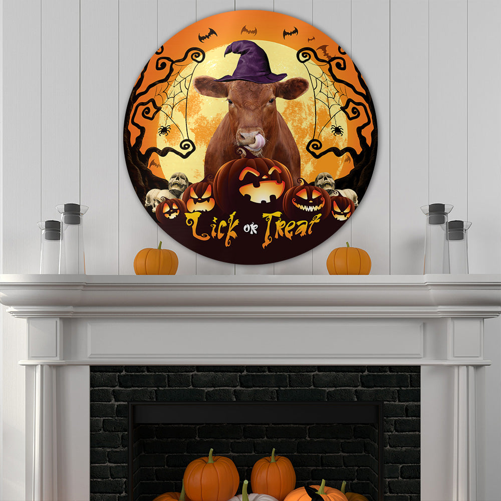 Halloween Red Angus Cattle All Printed 3D Round Wooden Sign