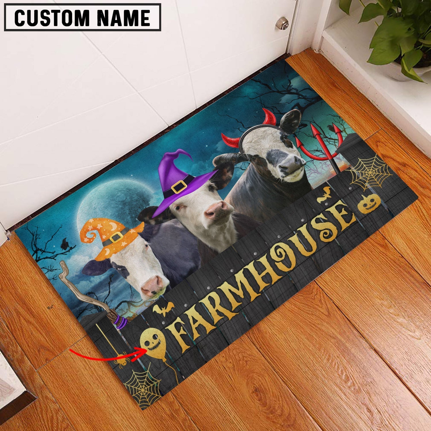 Black Baldy Farmhouse Halloween Custom Name Doormat