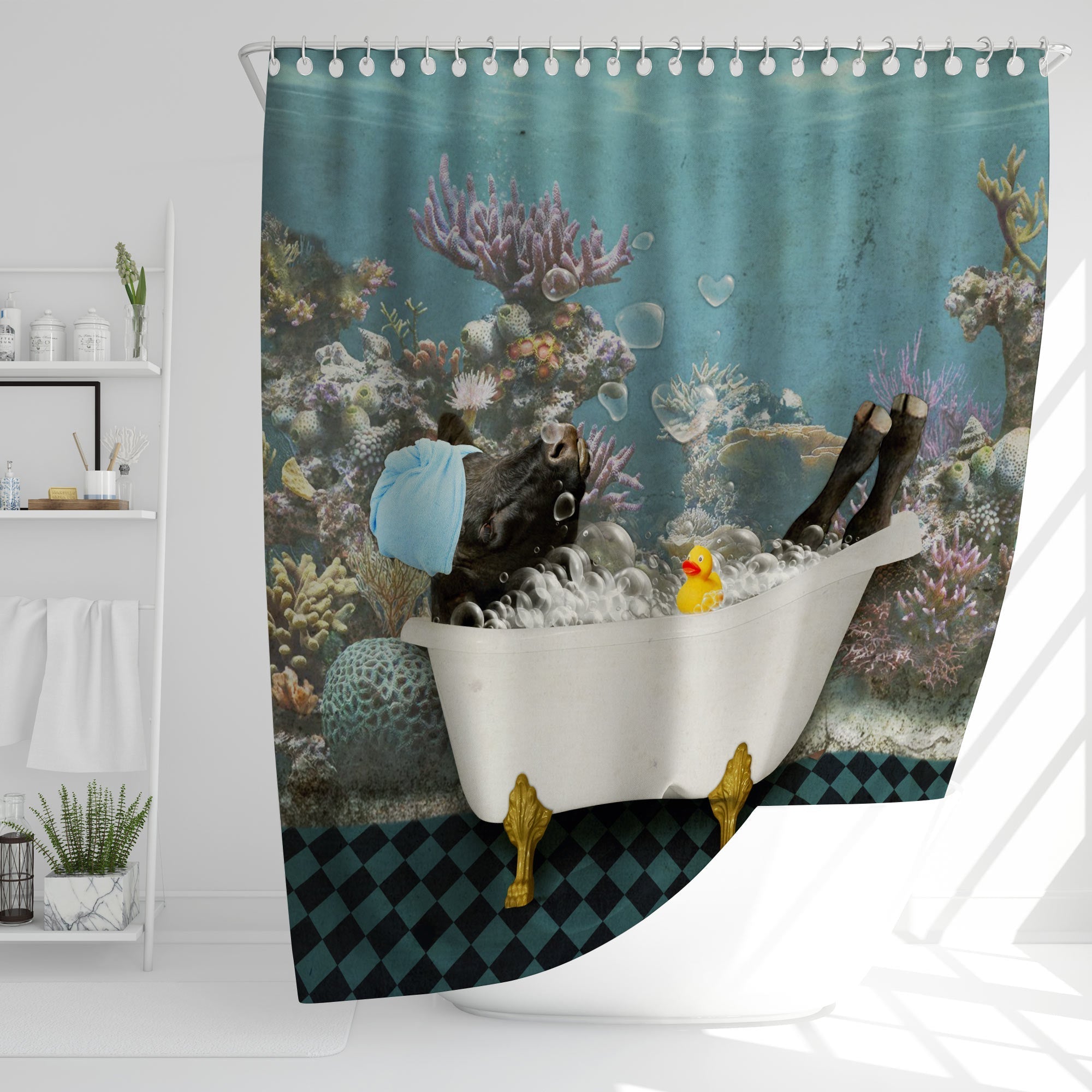 Black Angus Taking Shower Under The Sea 3D Shower Curtain