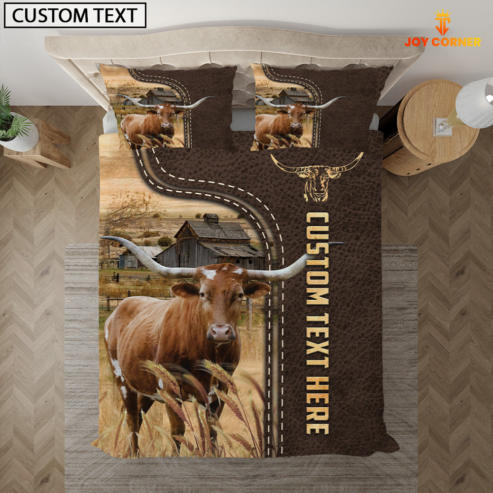 Texas Longhorn Custom Text Leather Pattern Bedding Set
