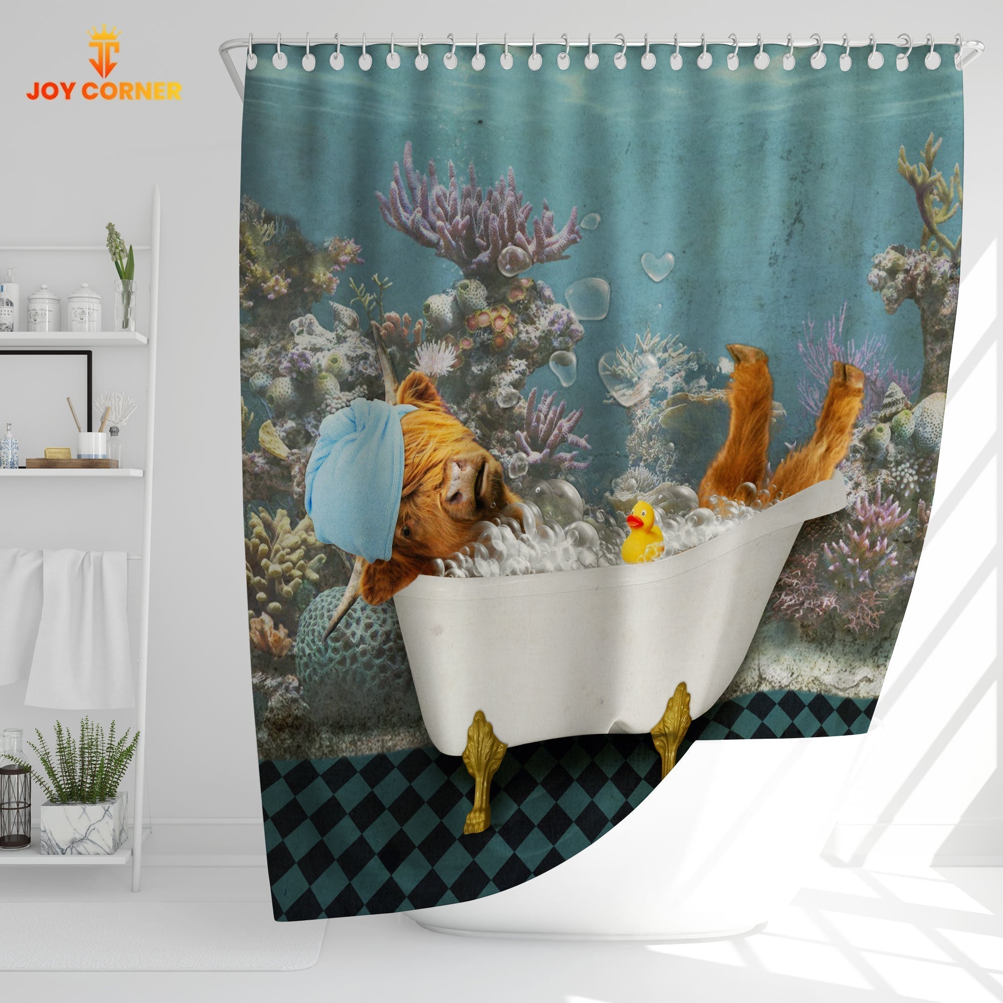 Highland Cattle Taking Shower Under The Sea 3D Shower Curtain