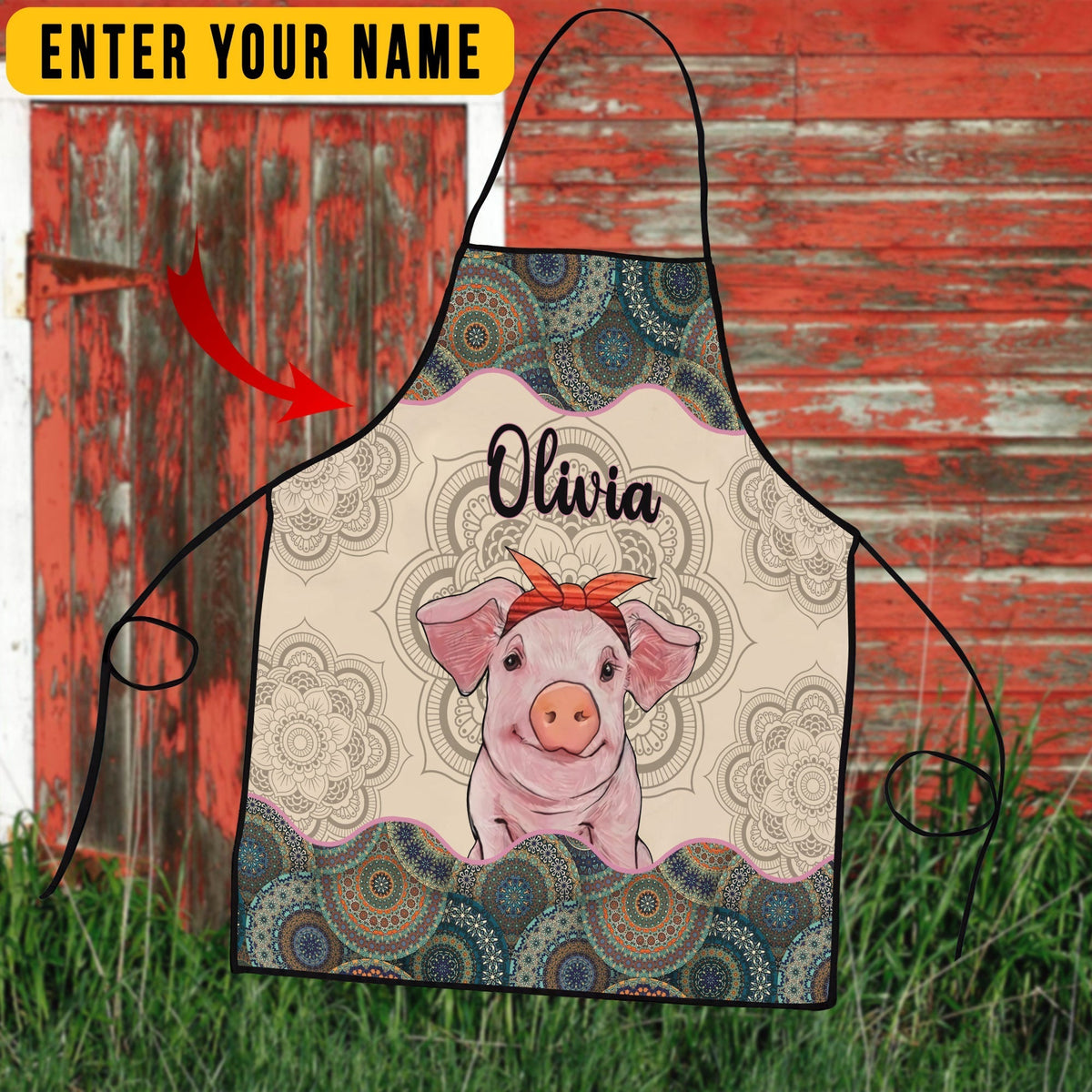 Personalized Name Mandala Pattern Pig All Over Printed 3D Apron