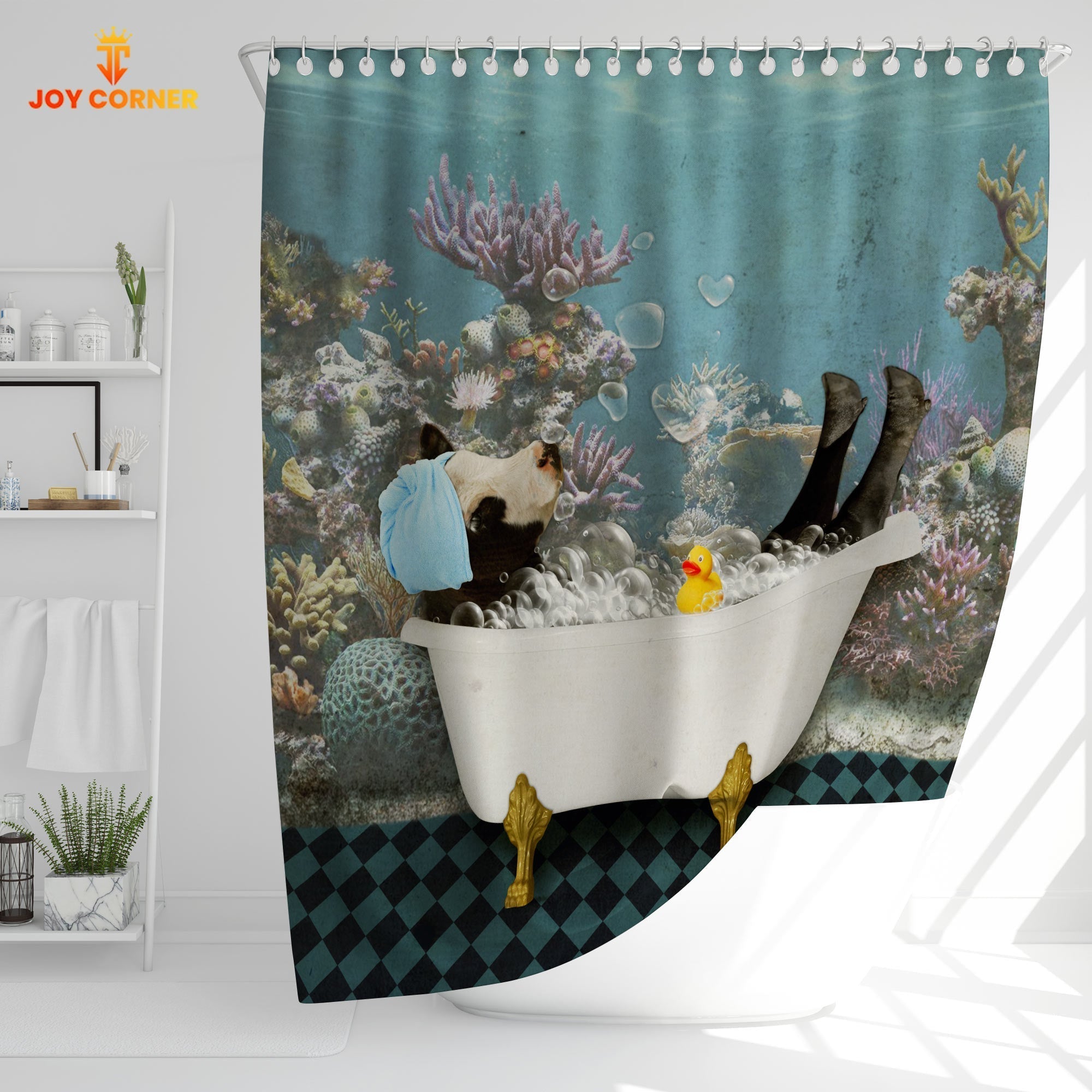 Joy Corners Black Baldy Taking Shower Under The Sea 3D Shower Curtain
