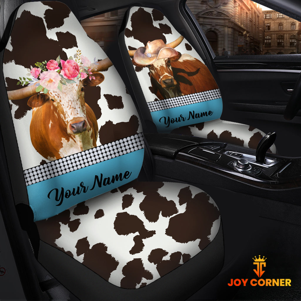 Texas Longhorn Pattern Customized Name Dairy Cow Car Seat Cover Set