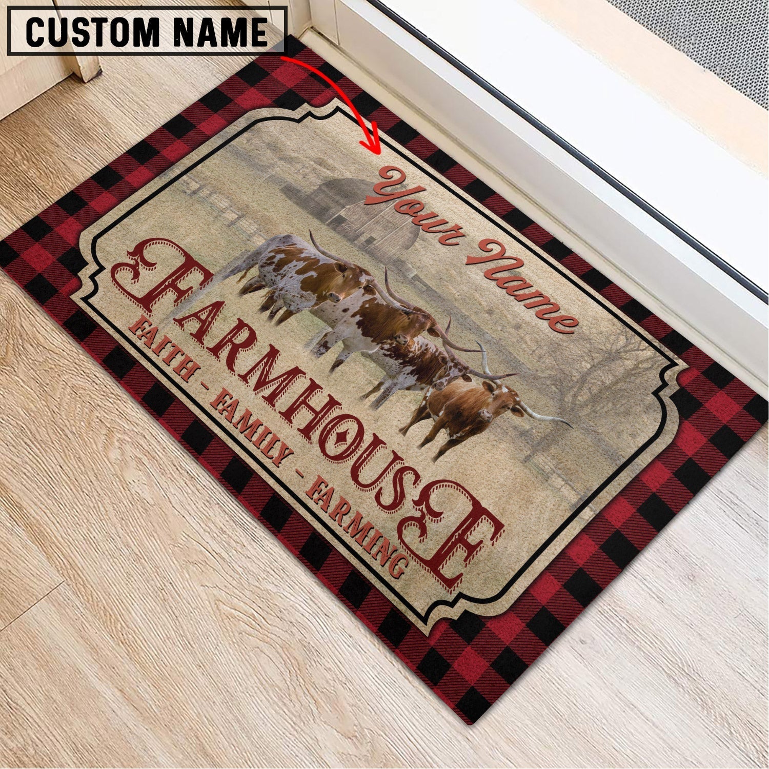Texas Longhorn Faith Family Farming Custom Name Doormat