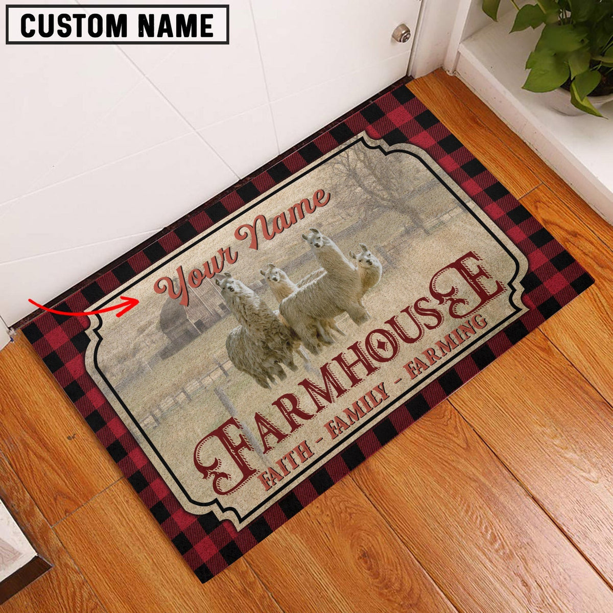 Llama Faith Family Farming Custom Name Doormat