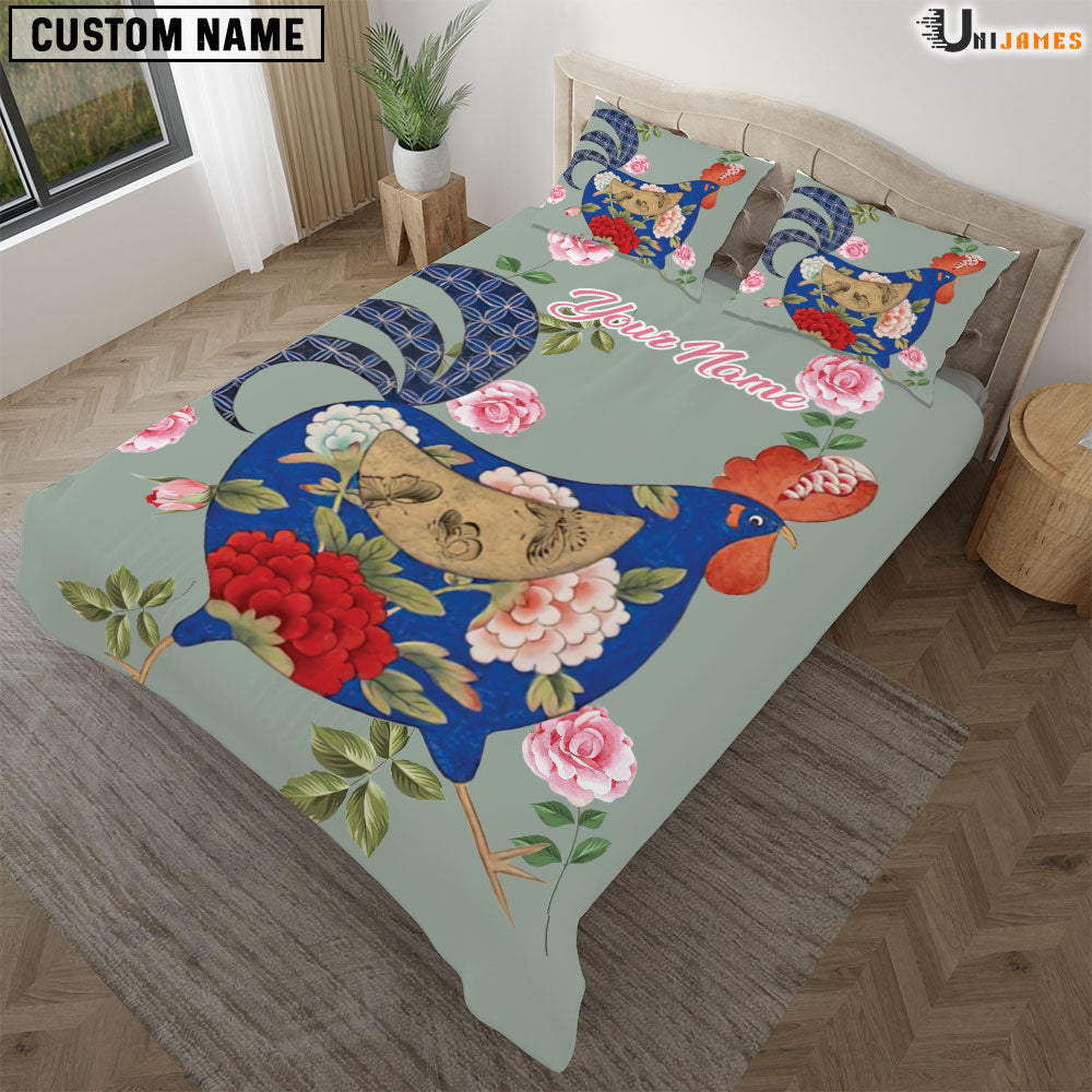 Chicken Blue Art Pattern Custom Name Bedding Set