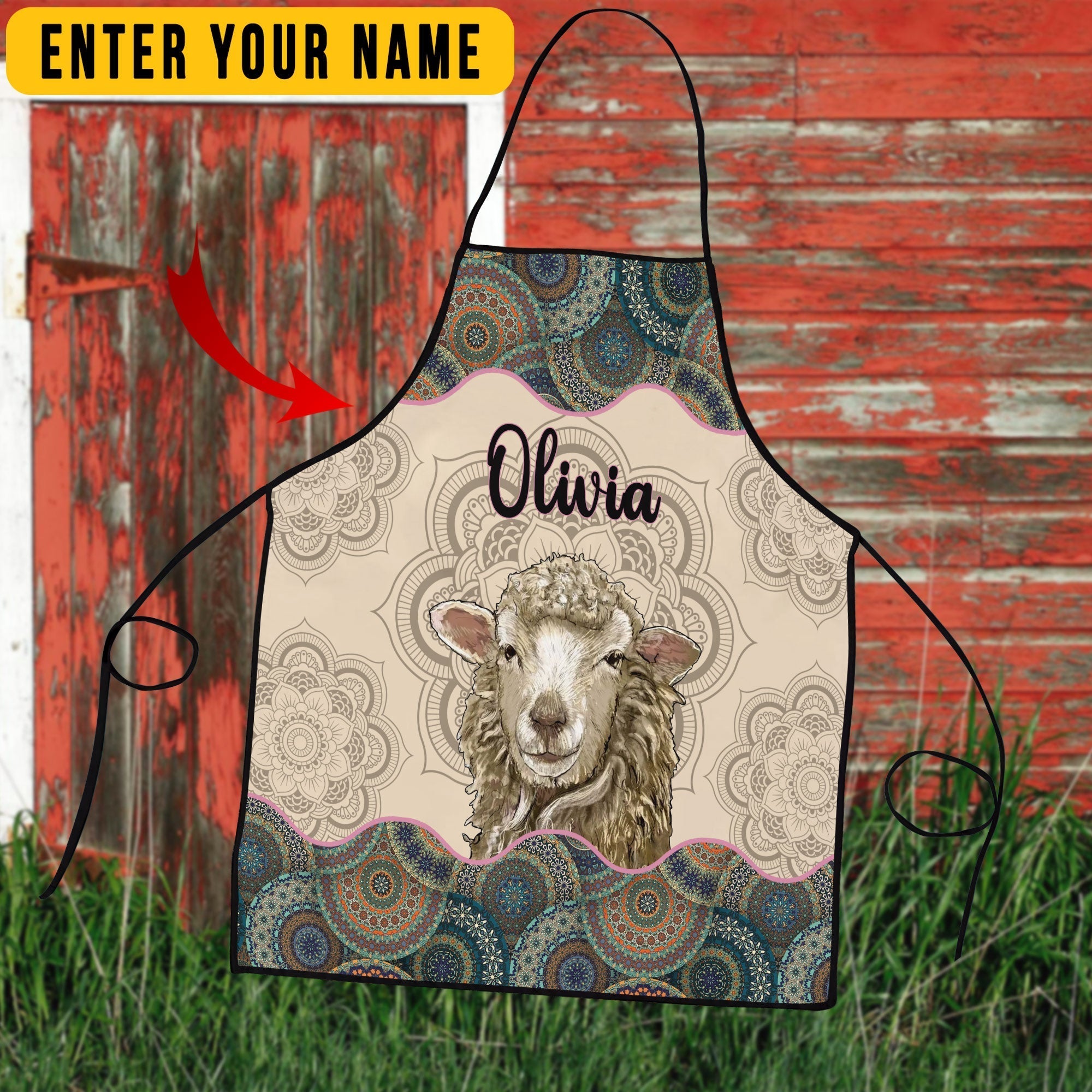 Personalized Name Mandala Pattern Sheep All Over Printed 3D Apron