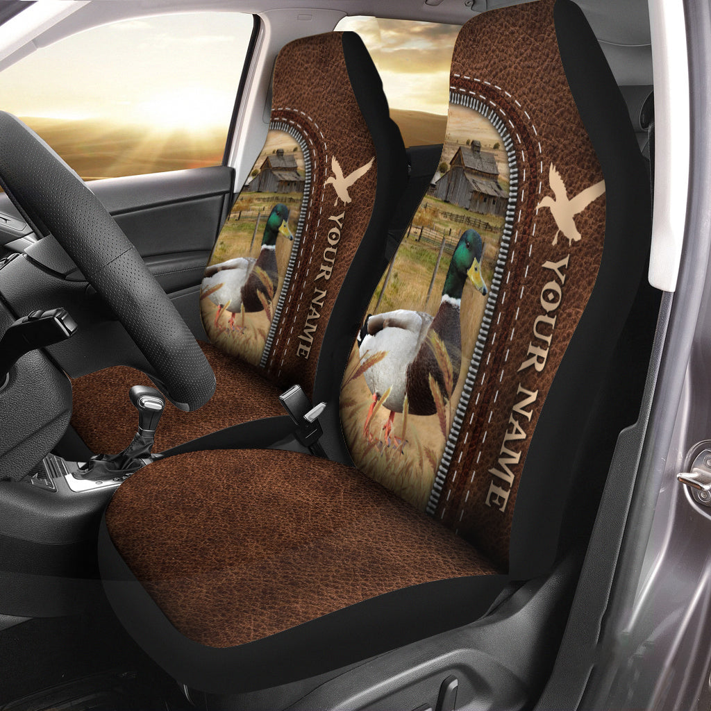 Mallard Ducks Personalized Name Leather Pattern Car Seat Covers Universal Fit (2Pcs)
