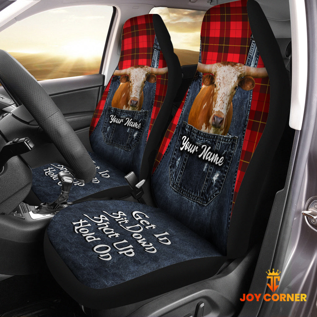Customized Name Texas Longhorn Jean Overalls Pattern Car Seat Covers (2Pcs)
