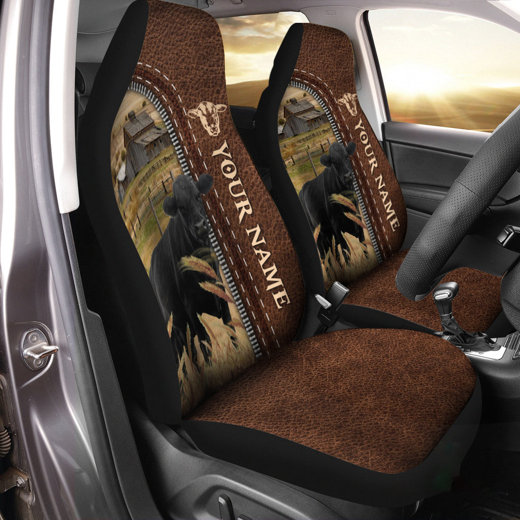 Black Angus Personalized Name Leather Pattern Car Seat Covers Universal Fit (2Pcs)
