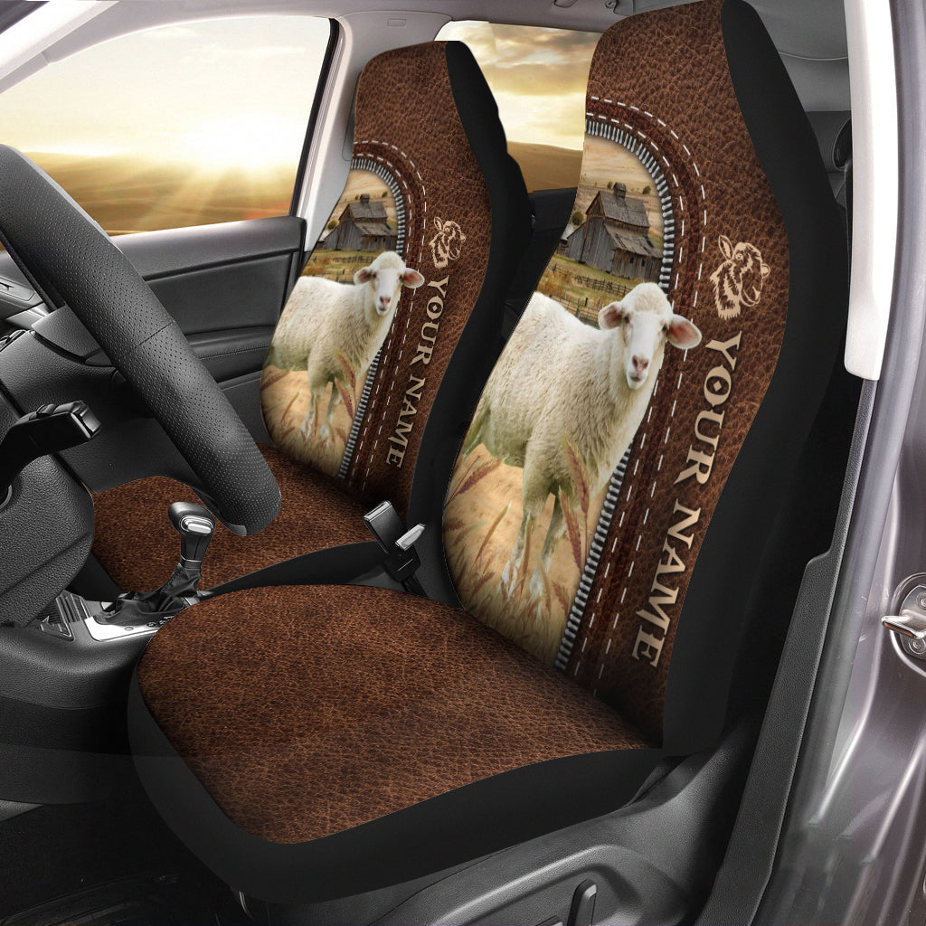 Sheep Personalized Name Leather Pattern Car Seat Covers Universal Fit (2Pcs)
