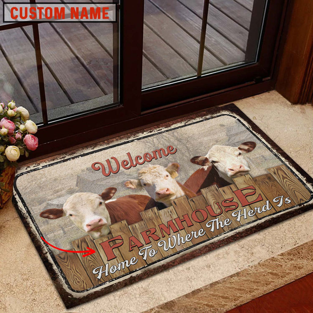 Hereford Custom Name - Home To Where The Herd Is FarmHouse Doormat