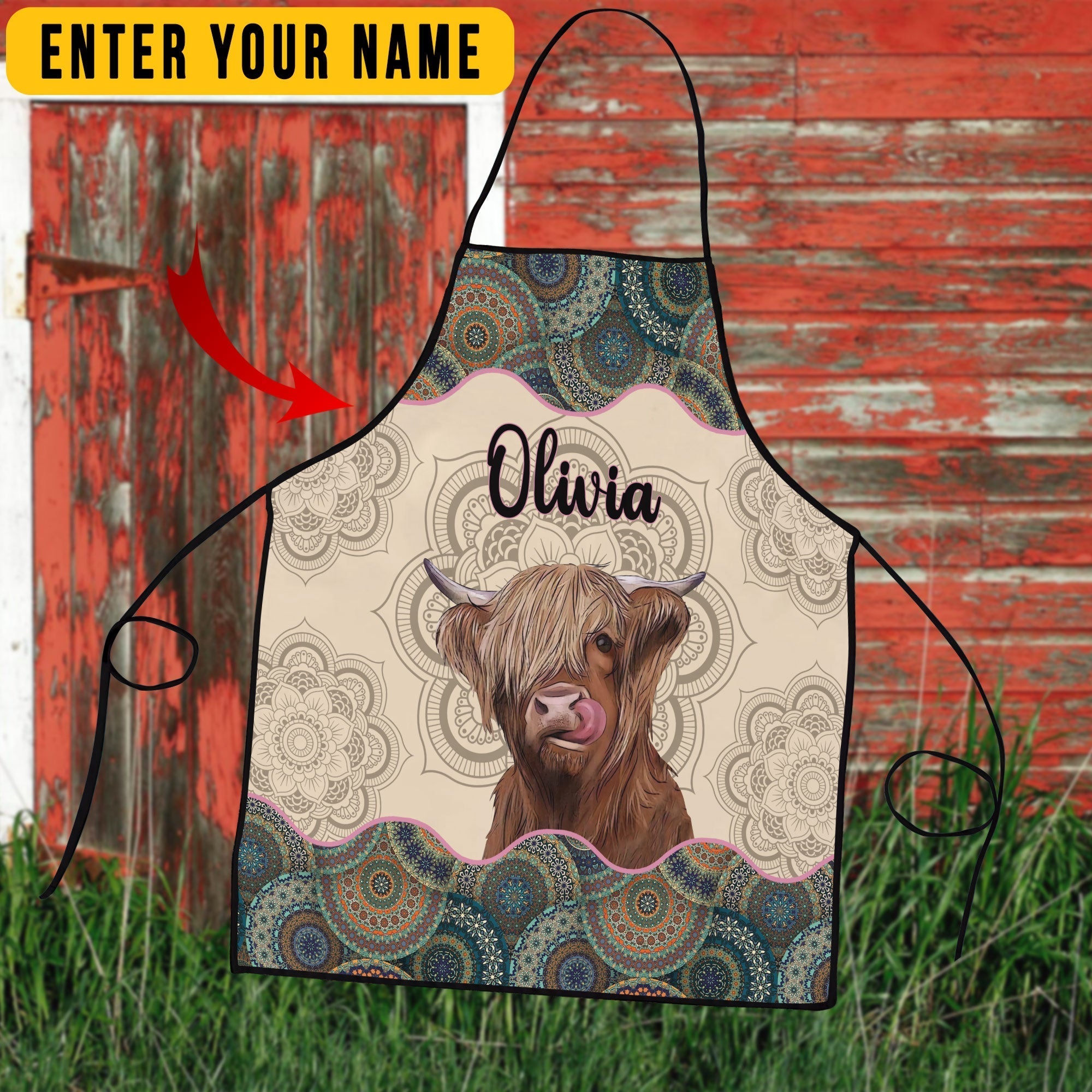 Personalized Name Mandala Pattern Highland All Over Printed 3D Apron