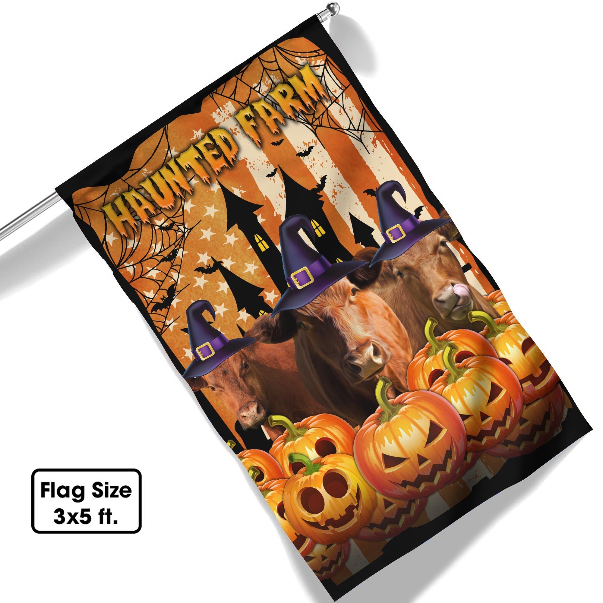Red Angus Cattle Haunted Farm Halloween Flag