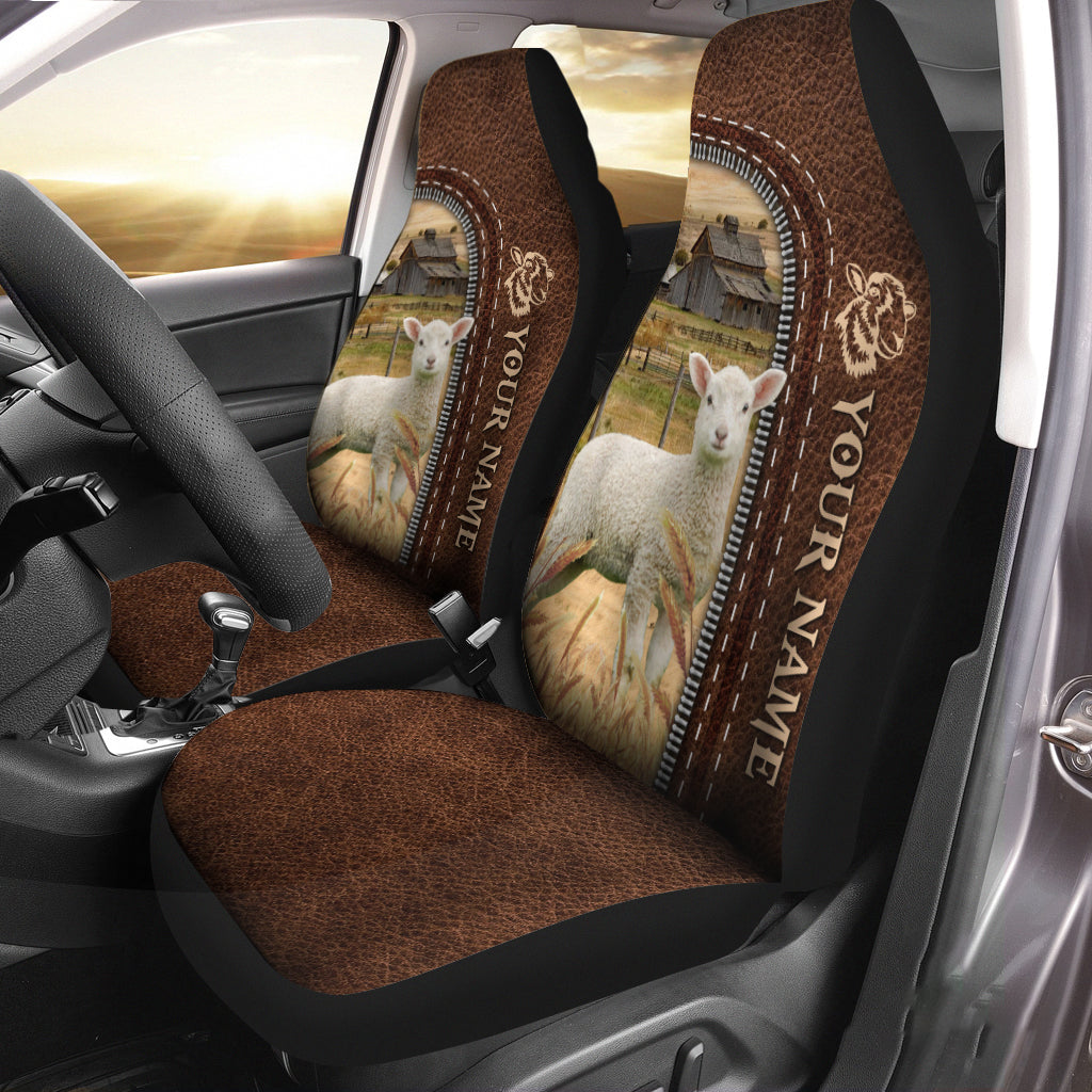 Lambs Personalized Name Leather Pattern Car Seat Covers Universal Fit (2Pcs)