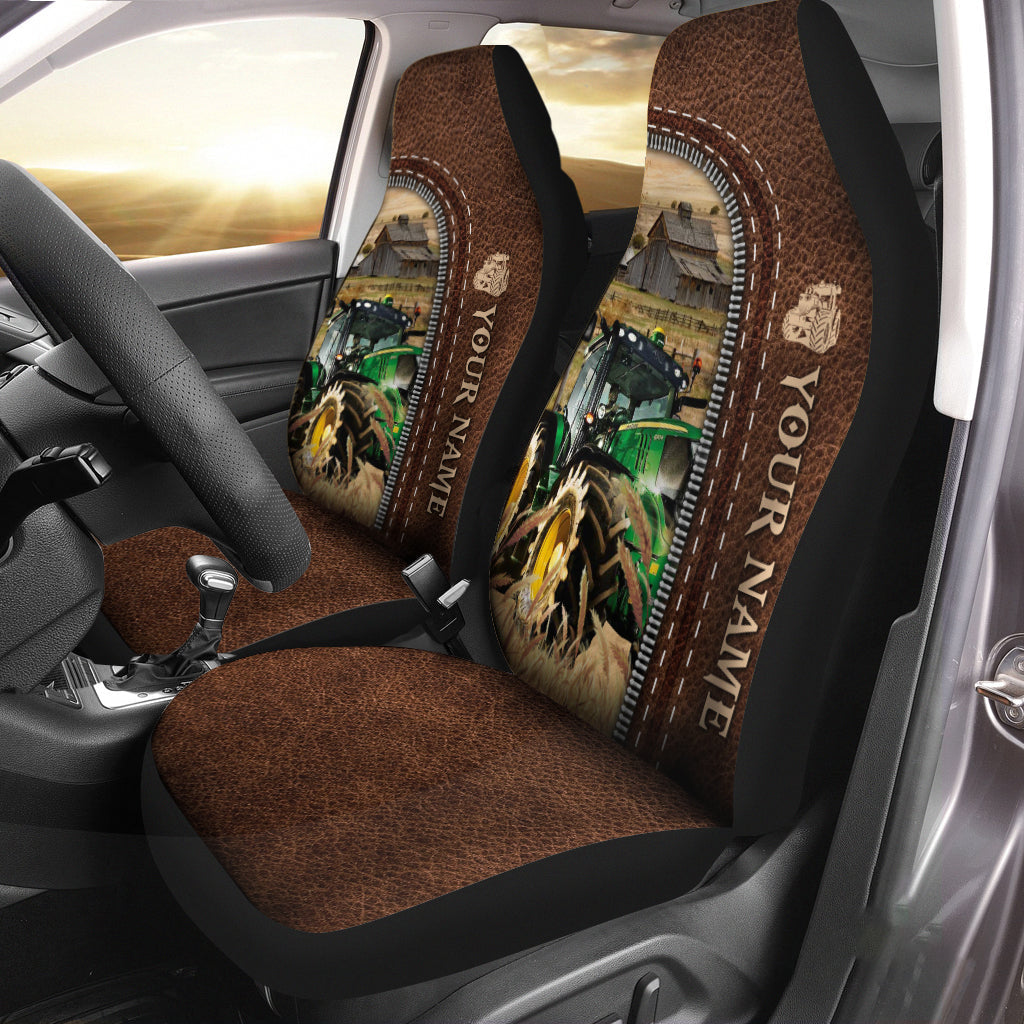 Tractor Personalized Name Leather Pattern Car Seat Covers Universal Fit (2Pcs)