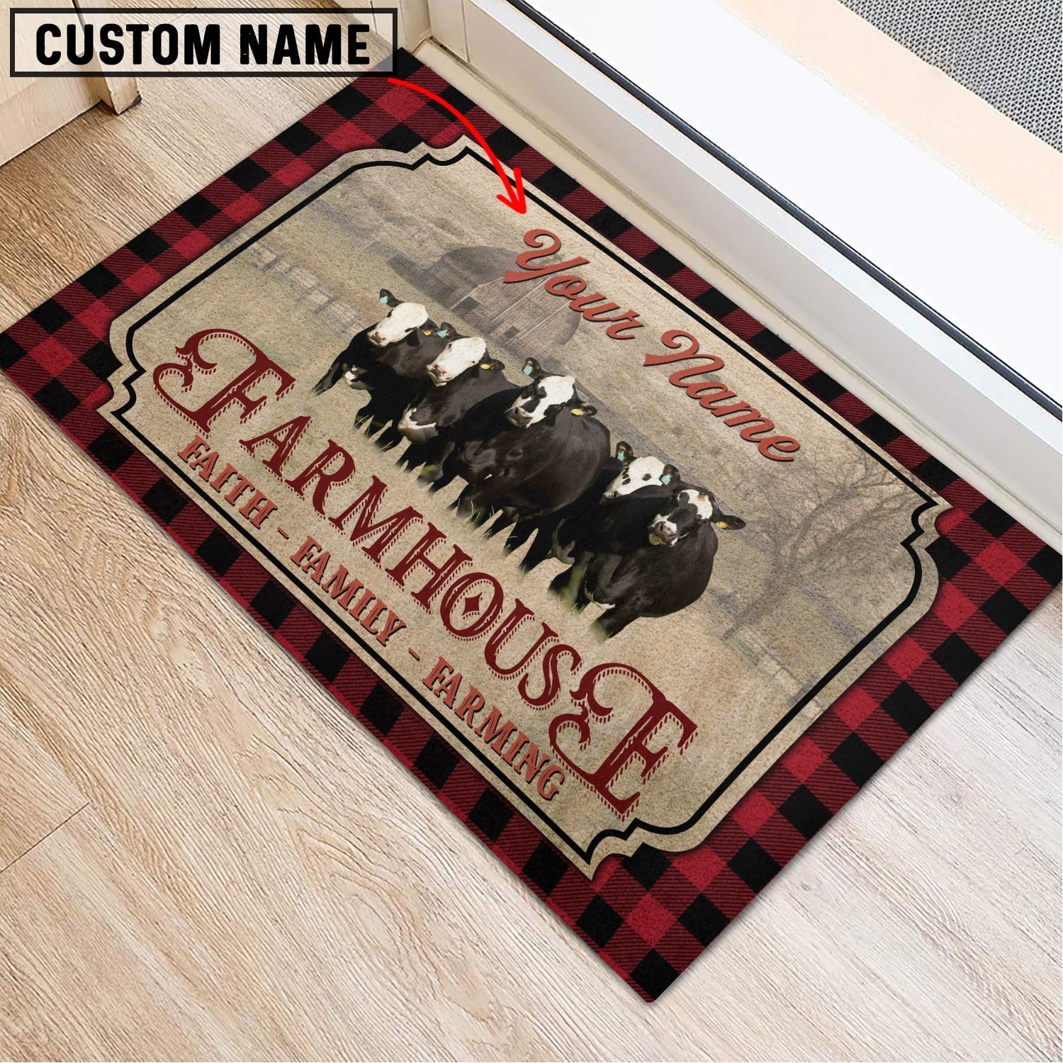 Black Baldy Faith Family Farming Custom Name Doormat