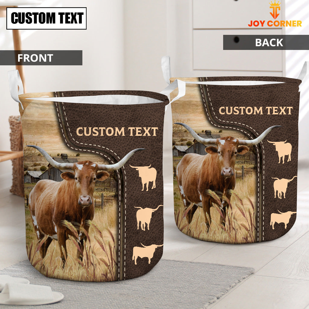 Texas Longhorn Custom Name Leather Pattern Laundry Basket
