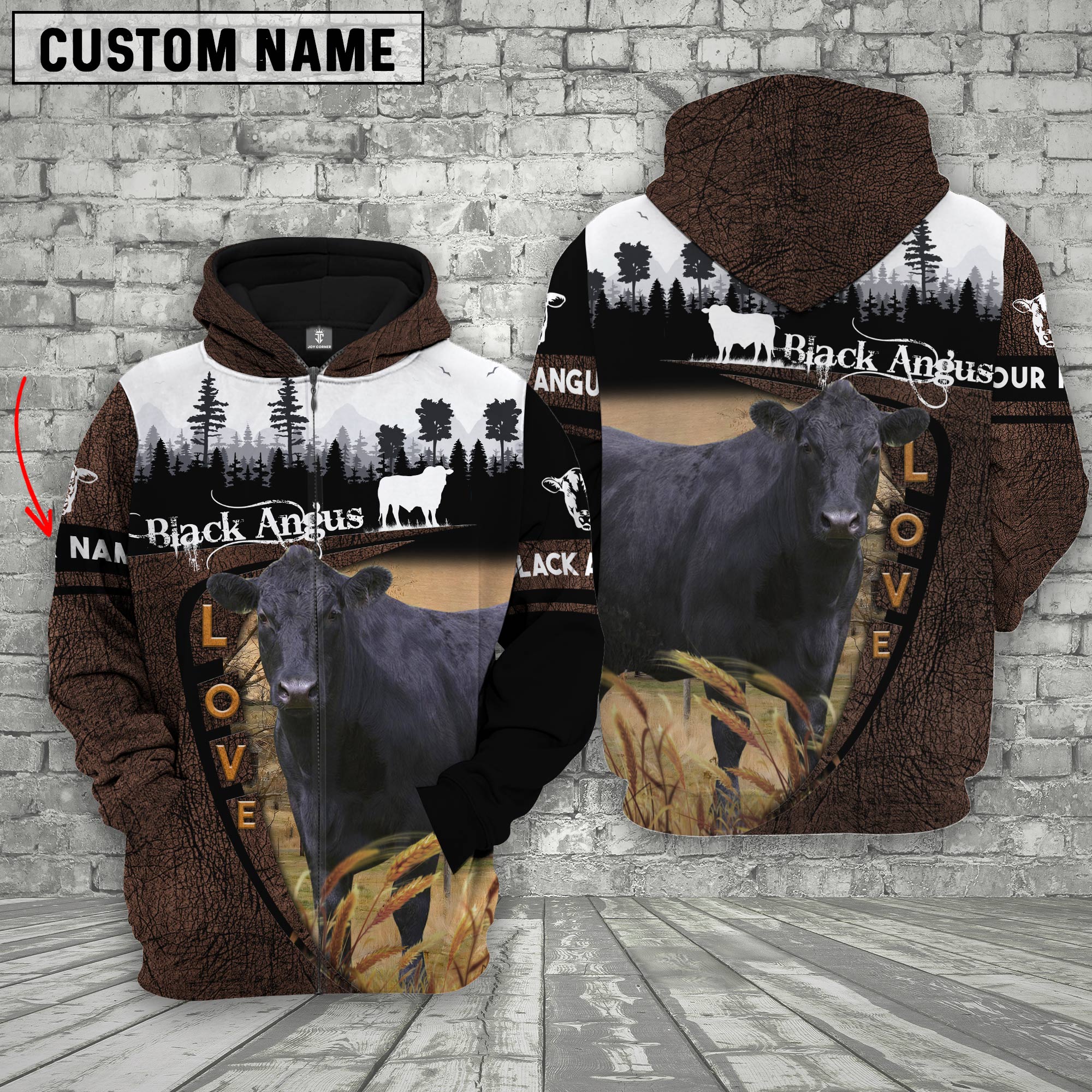 Black Angus On Farms Custom Name Printed 3D Wooden Forest Hoodie