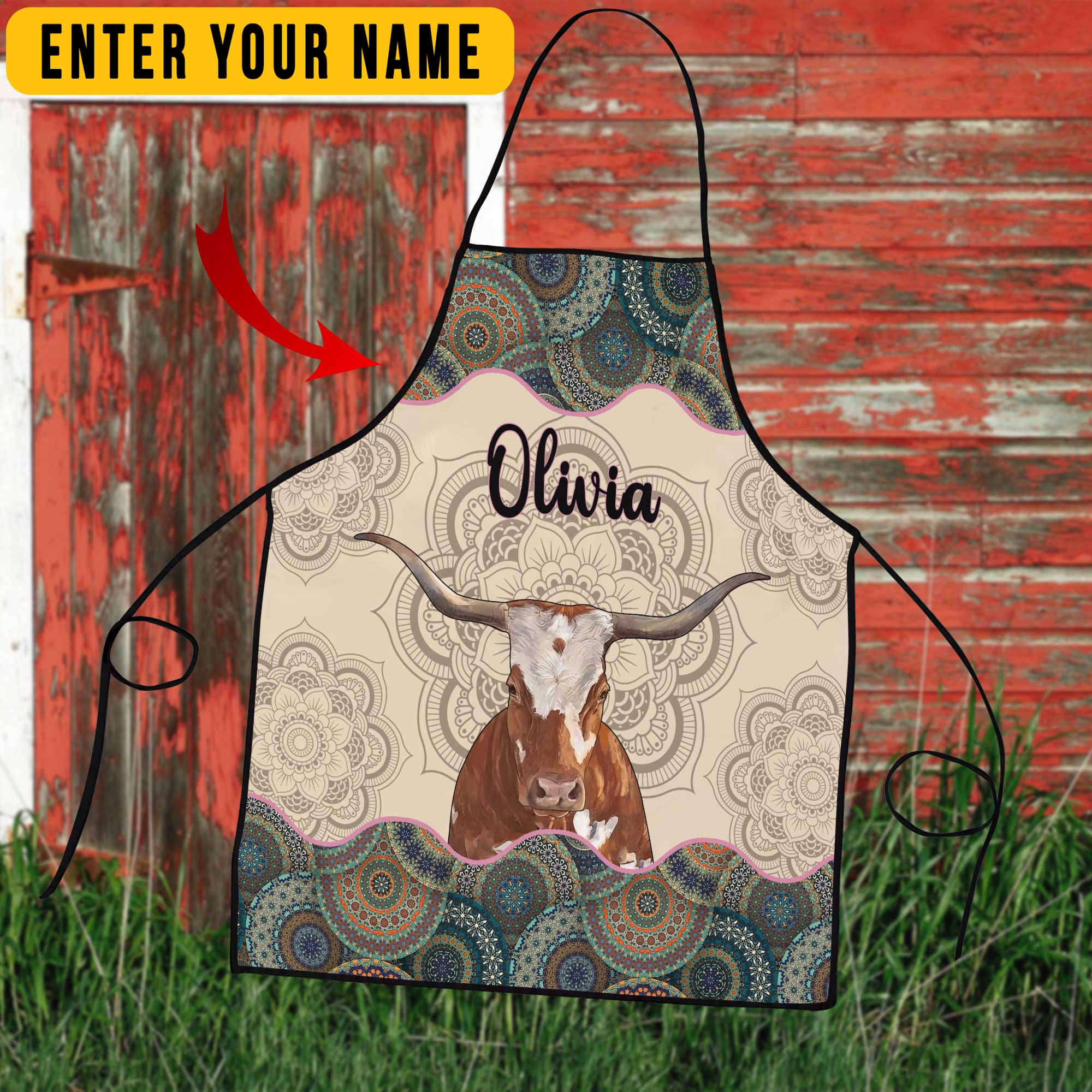 Mandala Pattern TX-Longhorn All Over Printed 3D Apron