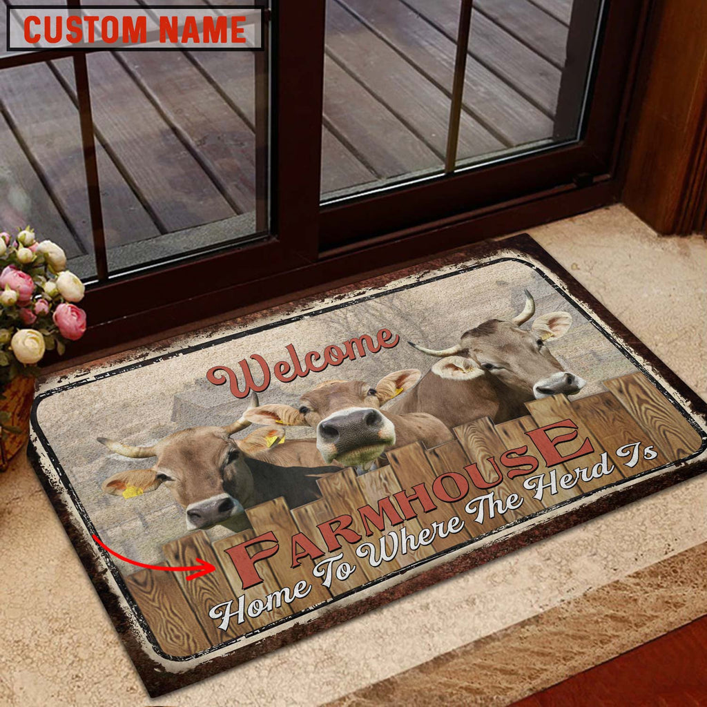 Brown Swiss Custom Name - Home To Where The Herd Is FarmHouse Doormat