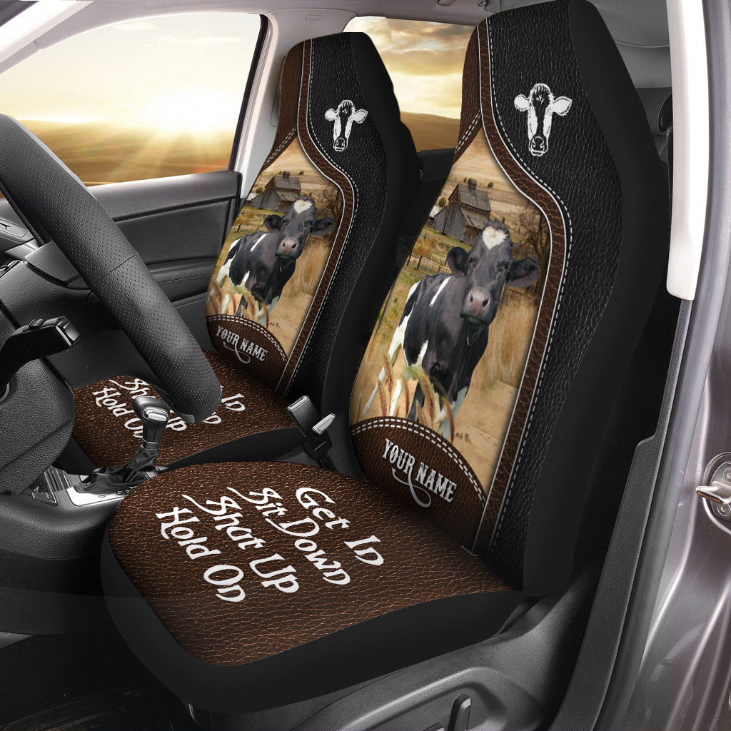 Holstein Personalized Name Black And Brown Leather Pattern Car Seat Covers Universal Fit (2Pcs)