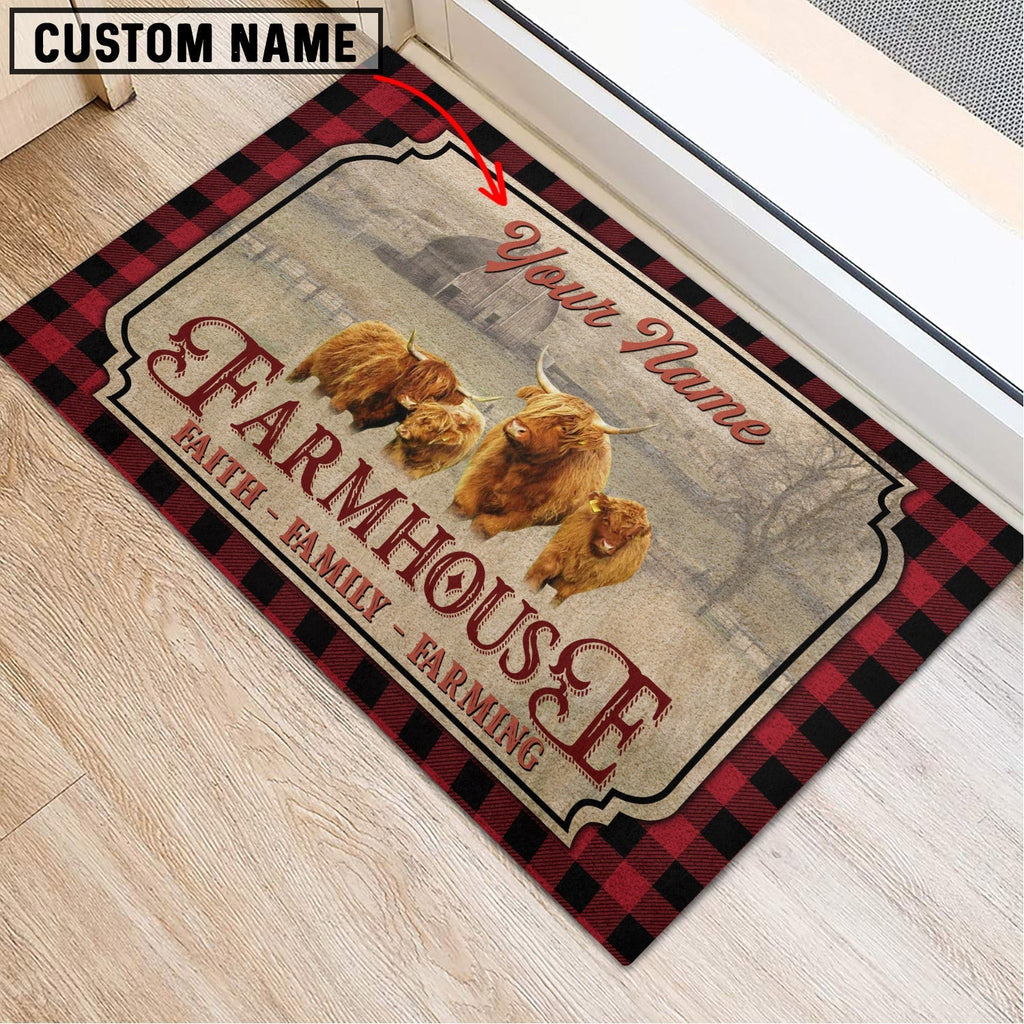 Miniature Highland Faith Family Farming Custom Name Doormat