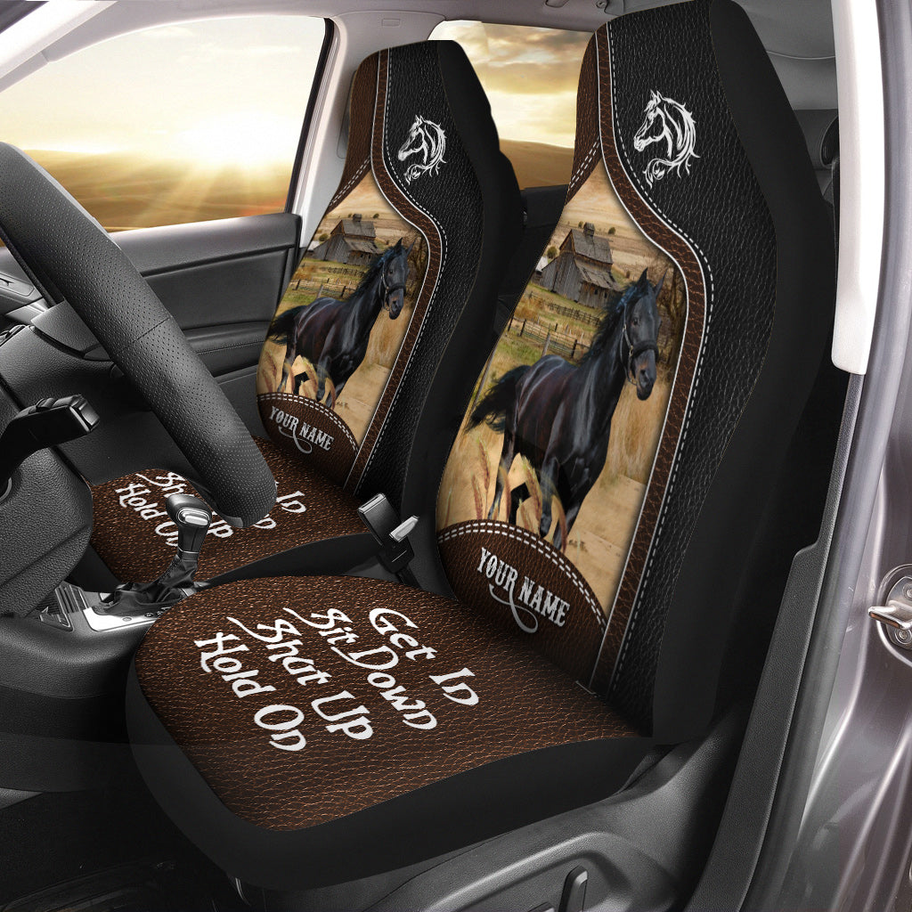 Black Horse Personalized Name Black And Brown Leather Pattern Car Seat Covers Universal Fit (2Pcs)