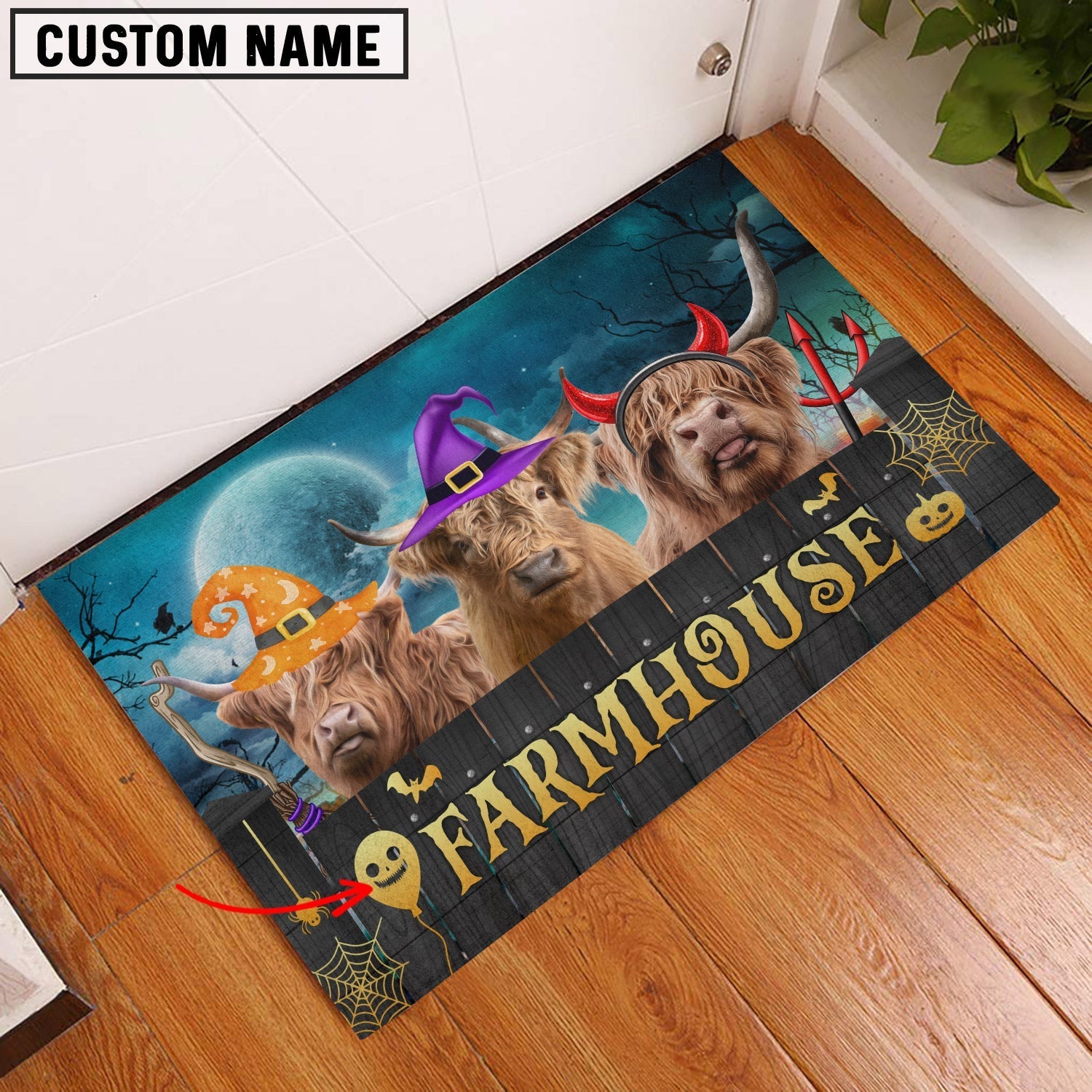 Highland Farmhouse Halloween Custom Name Doormat