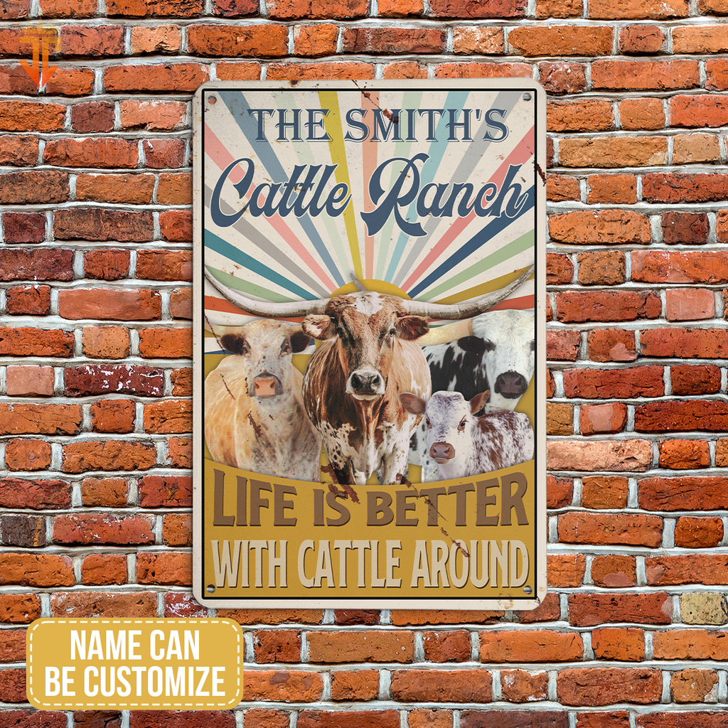 Personalized TX Longhorn Life is better with cattle around All Printed 3D Metal Sign