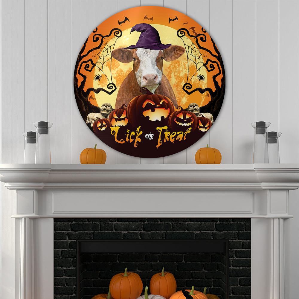 Halloween Simmental Cattle All Printed 3D Round Wooden Sign
