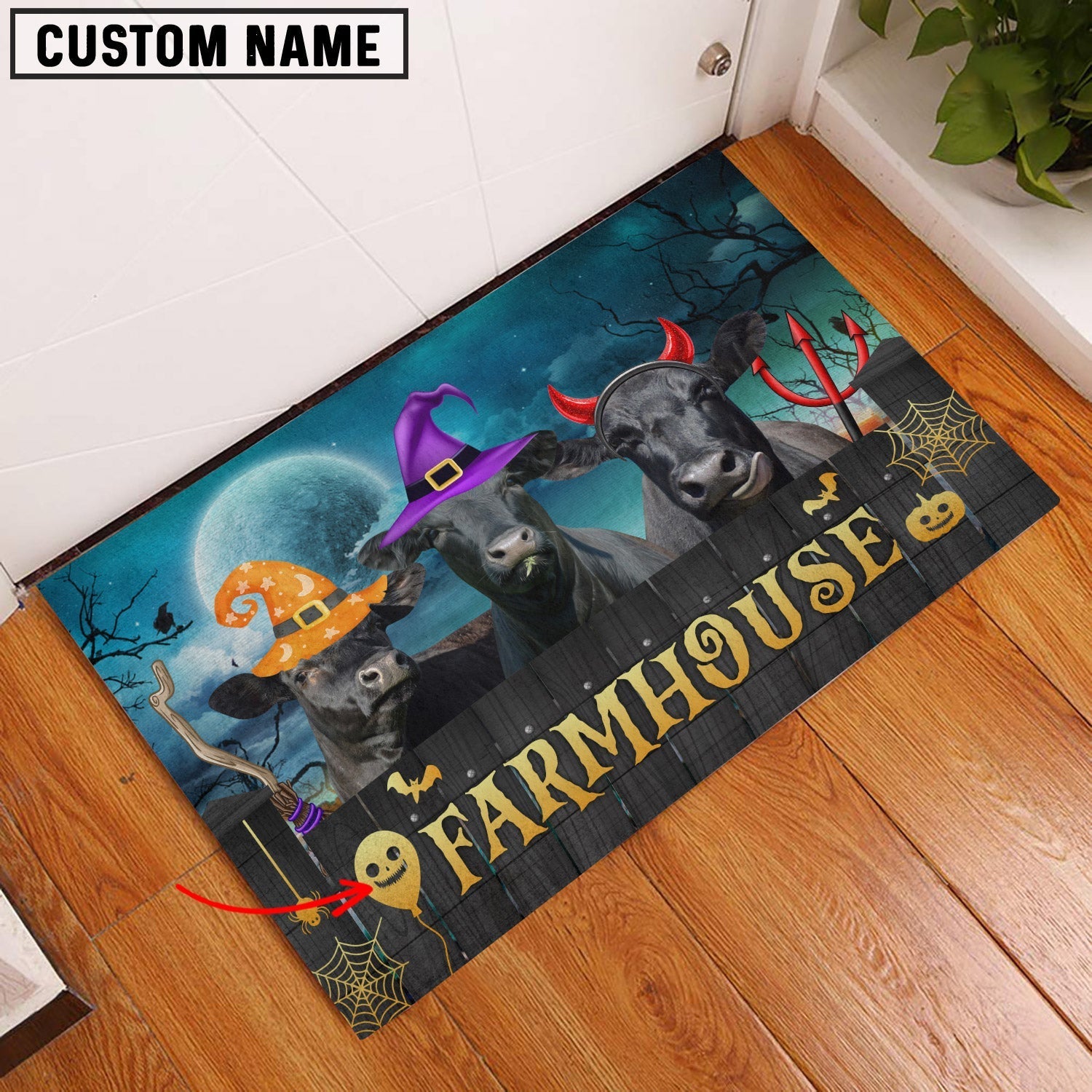 Black Angus Farmhouse Halloween Custom Name Doormat